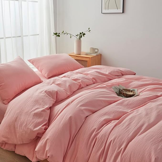 FACE TWO FACE Bedding Duvet Cover Set100% Washed Cotton Duvet Cover Linen Like Textured Breathable Durable Soft Comfy (King, Light Pink)