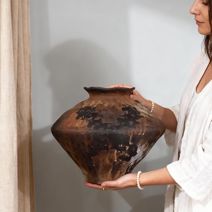 Large Wabi Sabi Vase, 11.5" Wabi Sabi Decor Rustic Vase, Brown Ceramic Vase for Centerpiece, Vintage Farmhouse Decor for Home Decorative, Table, Living Room, Bedroom, Bathroom, Kitchen