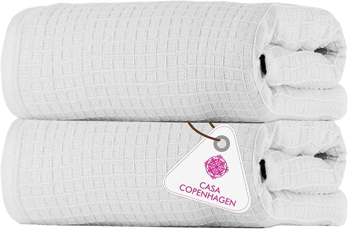CASA COPENHAGEN Waffle 2Pcs 100% Egyptian Cotton Large Designer Bathsheet Towels Gift Set- White, 35"x70" 2Bath Sheet Towels for Bathroom (Box Pack, Set for Women & Men)