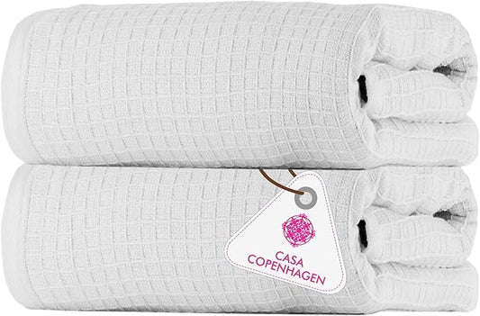 CASA COPENHAGEN Waffle 2Pcs 100% Egyptian Cotton Large Designer Bathsheet Towels Gift Set- White, 35"x70" 2Bath Sheet Towels for Bathroom (Box Pack, Set for Women & Men)