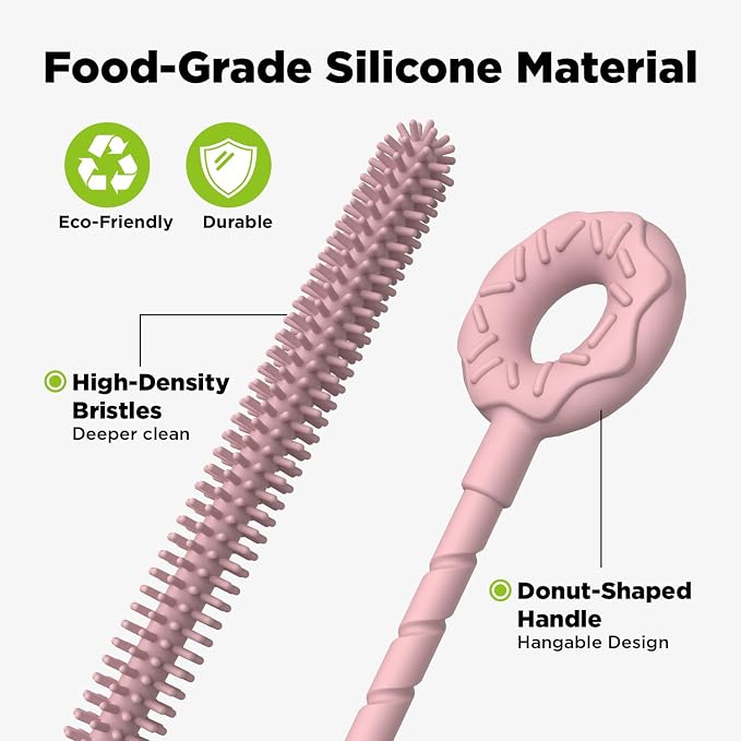 Silicone Straw Cleaner Brush, 2 Pcs Reusable Cleaning Brushes for Straws, 6mm&9mm, Pink