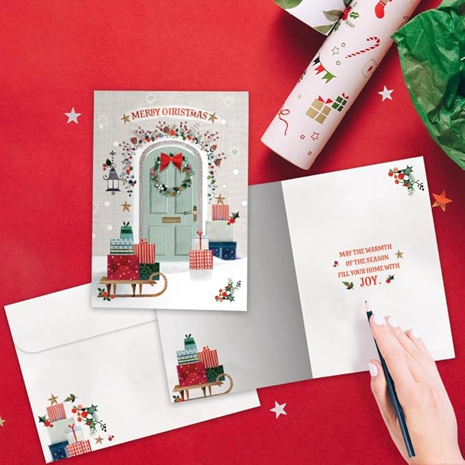 Tree-Free Greetings - Season's Greeting Card - Artful Designs - 1 Card + Matching Envelopes - Made in USA - 100% Recycled Paper - 5 x 7 - Festive Door (VO80665)