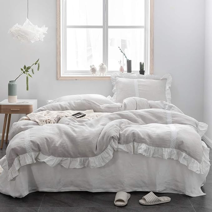 Simple&Opulence 100% Linen Duvet Cover Set (68''x86'') Frill Floral Flax Twin Size, Shabby Chic Ruffle Edge Lace Insert Decoration, 2 Pcs Farmhouse Bedding-1 Comforter Cover 1 Pillow Sham, Floral Grey