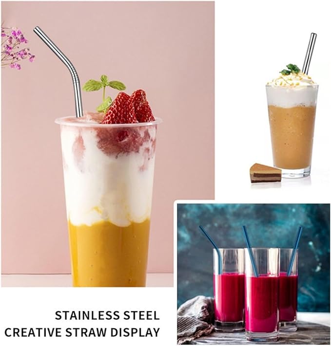 304 Stainless Steel Blue Reusable Straw Set (10 Inch), Titanium Plated Metal Straws with Wheat Case & Cleaning Brush, 2 Straight & 1 Bent Straws for Iced Coffee, Smoothies & Bubble Tea