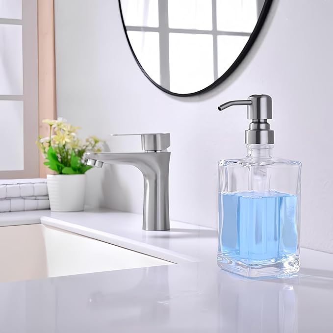 13.5 Oz Clear Glass Soap Dispenser with Rust Proof Stainless Steel Pump, Refillable Liquid Hand Soap Jar for Bathroom, Premium Kitchen Soap Dispenser (Brushed Nickel)