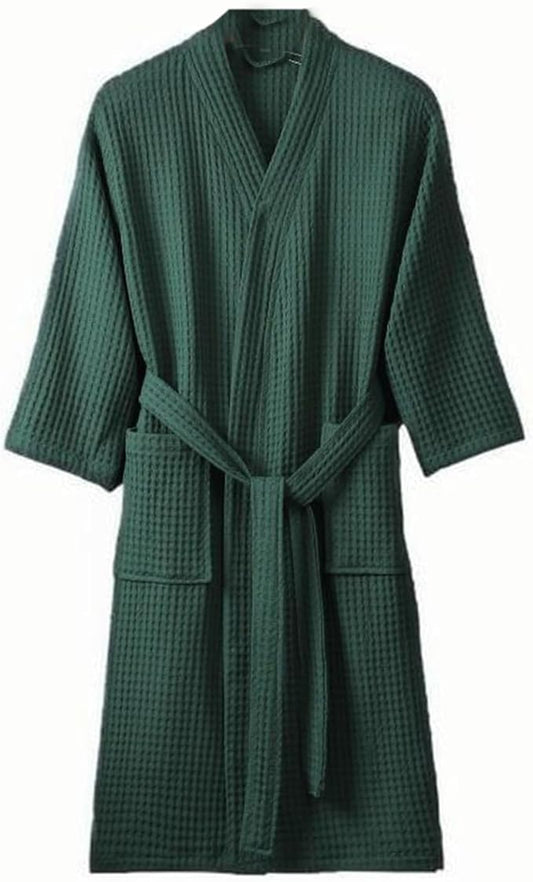 Waffle Bathrobe for Men Women, 100% Cotton Kimono Robes with Pockets & Belt, Soft Absorbent Knee-Length Robe for Bath Spa