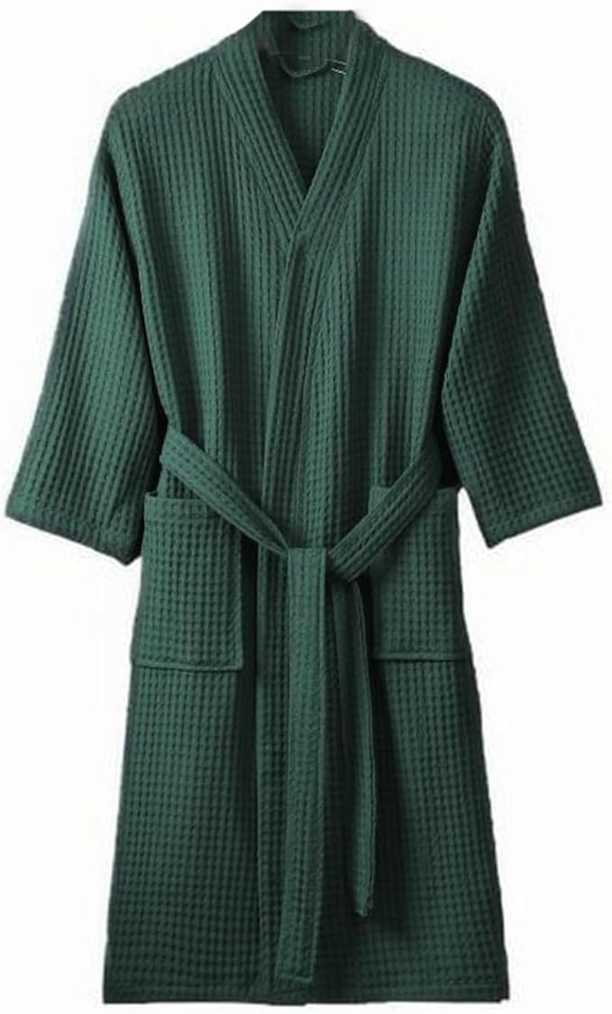 Waffle Bathrobe for Men Women, 100% Cotton Kimono Robes with Pockets & Belt, Soft Absorbent Knee-Length Robe for Bath Spa