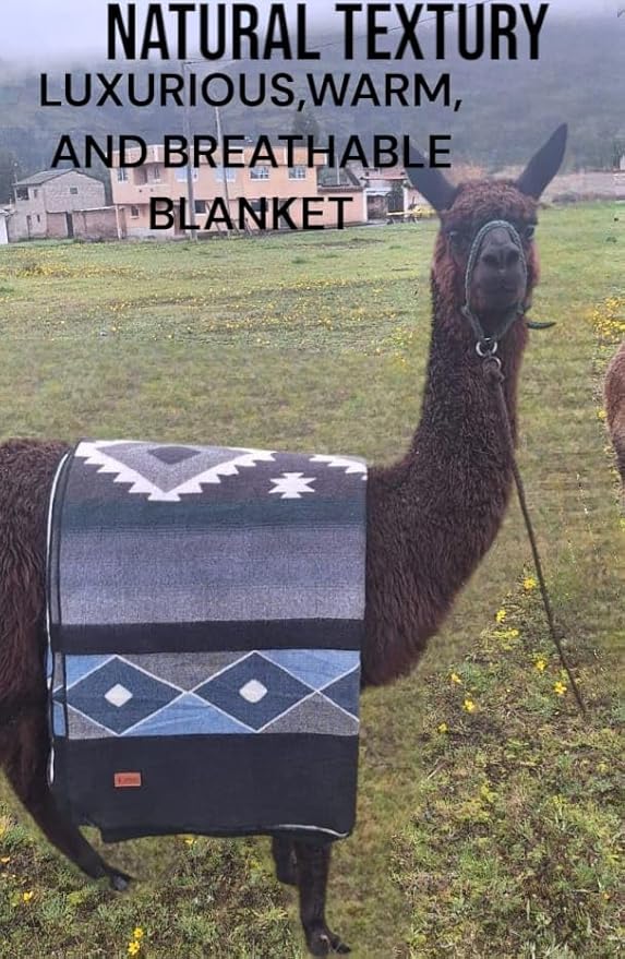 Alpaca Wool Blanket, Throw Size 78 x 47, Reversible 2 in 1, Thick and Ultra Soft, Hypoallergenic, Non-Itchy, Handmade in Ecuador. Premium Alpaca Wool Thtow Blanket for Cozy Comfort. Blue and Grey.