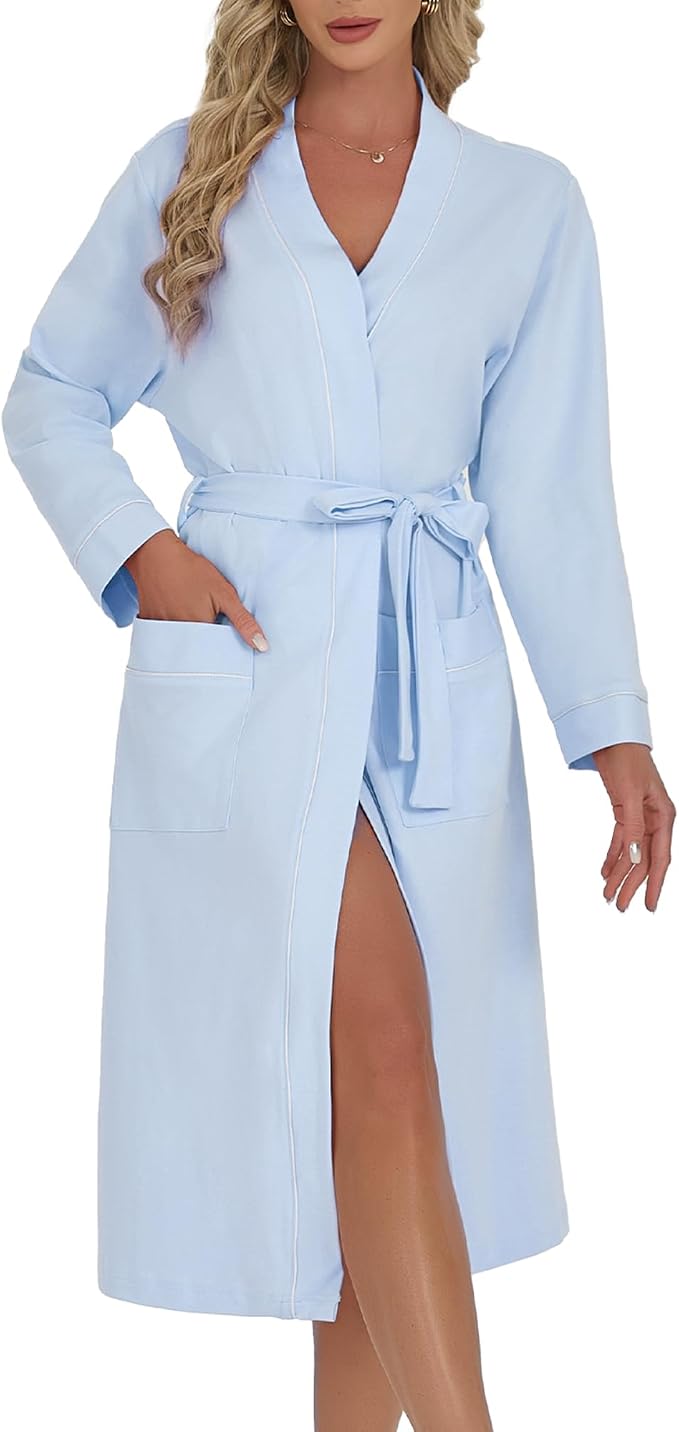 U2SKIIN Womens Organic Cotton Robe, Lightweight Long Kimono Bathrobe for Women, Soft Spa Lounge Sleepwear with Pockets
