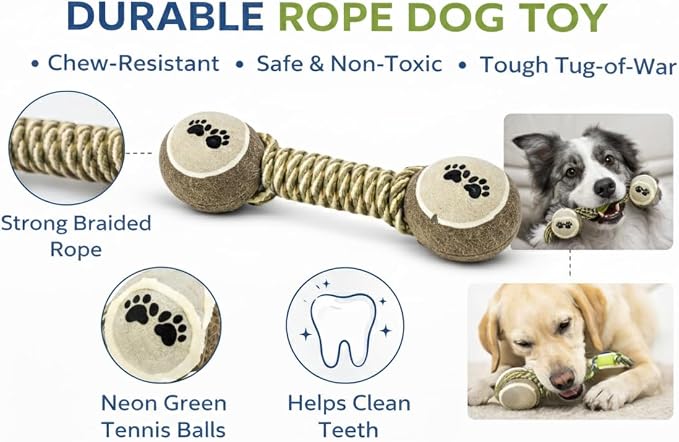 Dog Rope Toy (Pack of 2) with Tennis Balls – Durable Cotton Tug of War Dog Toy for Small, Medium & Large Dogs – Interactive Chew Rope Toy for Aggressive Chewers