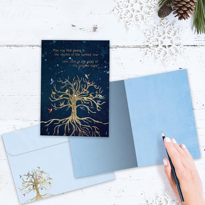 Tree-Free Greetings Bird Tree of Life Solstice Cards - 10 Recycled 5x7 Cards & Matching Envelopes, Thick Cardstock, Made in USA - Golden Growing Tree