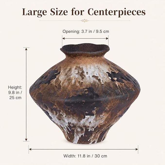 Large Wabi Sabi Rusty Vintage Ceramic Vase, 9.8" Rustic Pottery Vase for Centerpieces, Wabi Sabi Decor Flower Vases for Table, Living Room, Bedroom, Bathroom, Kitchen, Farmhouse Home Decor Gifts