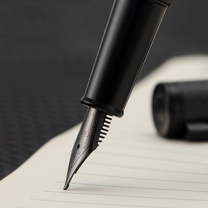 HONG DIAN 1861 Fountain Pen, Long Blade Nib, Black Carbon Fiber Design with Converter and Metal Pen Case Set