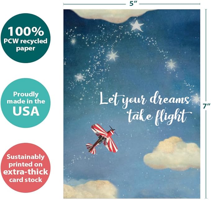 Tree-Free Greetings - Birthday Cards - Artful Designs - 2 Cards + Matching Envelopes - Made in USA - 100% Recycled Paper - 5"x7" - Dreams Take Flight (GT65305)