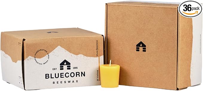 Bluecorn Beeswax Votive Candles, Yellow, 36 Pack | 100% Pure Natural Bees Wax, Clean Burning & Long Lasting (12+ Hours), Fragrance Free, American Made