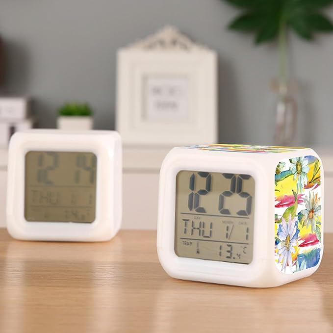 Digital Alarm Clock,Daisy Floral Botanical Flower 7 Color Change LED Digital Alarm Clock with Date Thermometer for Toddlers,Girls and Boys