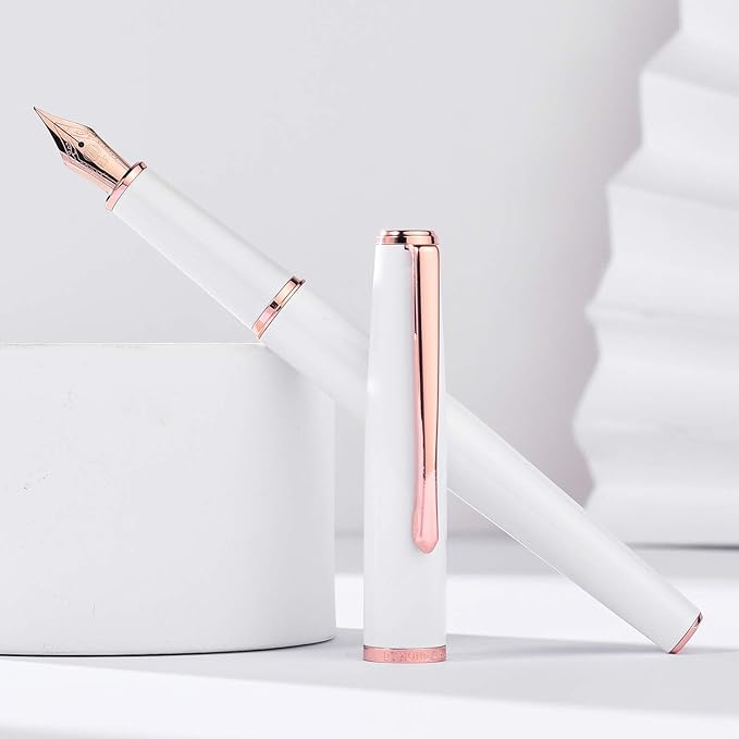 Hongdian 920 White Fountain Pen, Rose Gold Plated Medium Nib Smooth Writing Pen, Classic Pen with Ink Converter