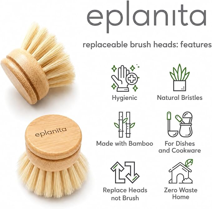 eplanita Replacement Brush Heads (Pack of 4) for Bamboo Dish Brush, Sisal Bristle Refills, Agave Cactus Fibres, Kitchen Eco Scrubber, Plastic Free Washing Up, Zero Waste Cleaning