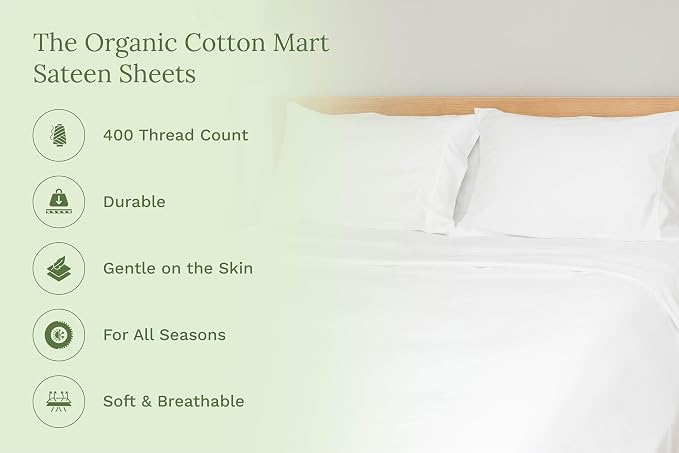 Organic Cotton King Sheets Set - 100% Organic Cotton, GOTS Certified, 400 Thread Count, Chemical-Free, Deep Pocket, Soft Sateen Weave, Hypoallergenic, All-Season, Breathable Sheet Set (King - White)
