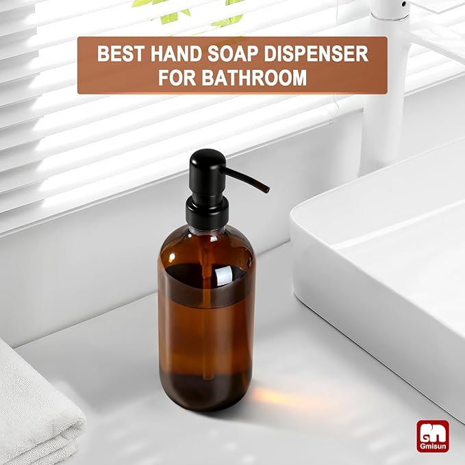GMISUN Amber Glass Soap Dispenser, 1 Pack Dish Soap Dispensers for Kitchen with Rustproof Stainless Steel Pump, 17 Fl Oz Bathroom Hand Soap Dispenser, Brown Liquid Dishwashing Dispensers Bottle