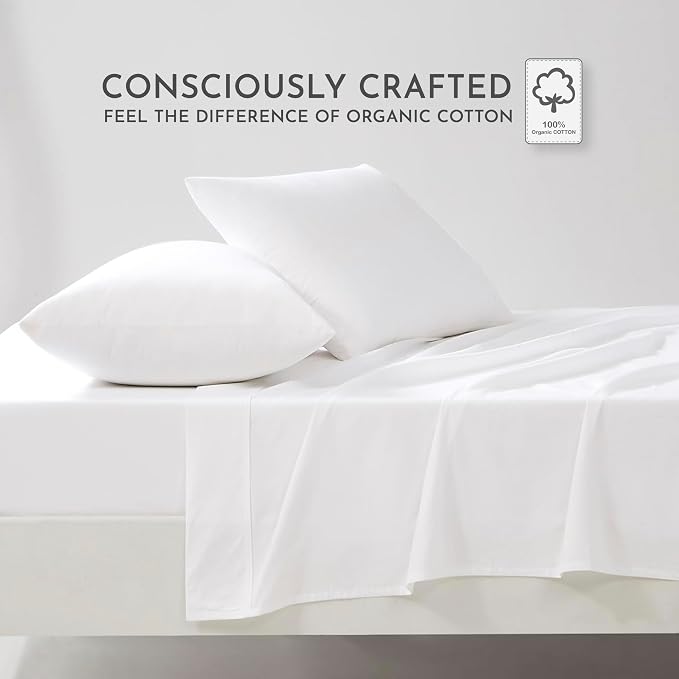 Linen Closet 100% Organic Cotton Full Size Sheets Set - 4 Pcs Percale Weave Cooling Bed Sheets for Hot Sleepers - 16" Deep Pocket Fitted Sheet - Crisp, Breathable & Brushed for Softness - Arctic White