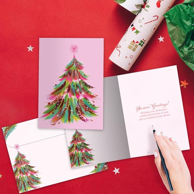 Tree-Free Greetings - Season's Greeting Card - Artful Designs - 1 Card + Matching Envelopes - Made in USA - 100% Recycled Paper - 5 x 7 - Pink Tree (VO80704)