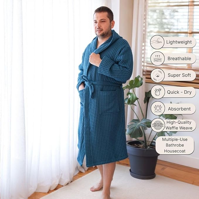 100% Turkish Cotton Men's Waffle Robe with Hooded, Premium Soft Cozy Housecoat or Quick-Dry Bathrobe for Mens