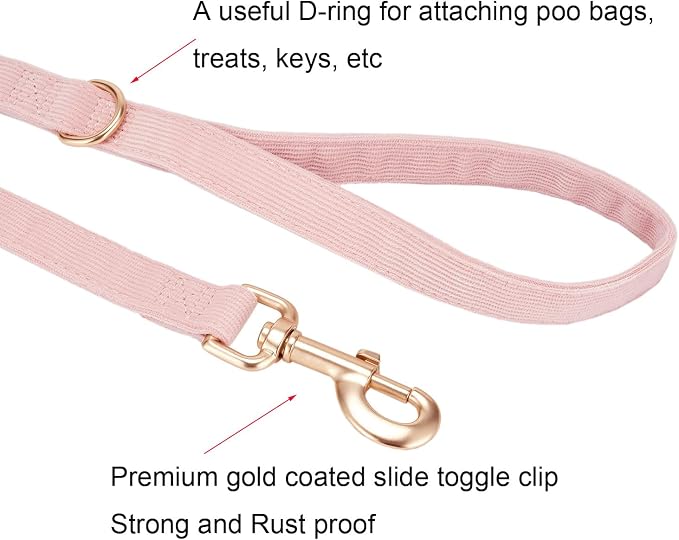 Soft Corduroy Dog Collar and Leash Set Adjustable Durable Dog Collars with Metal Buckle and Lead for Female Small Dogs,Baby Pink
