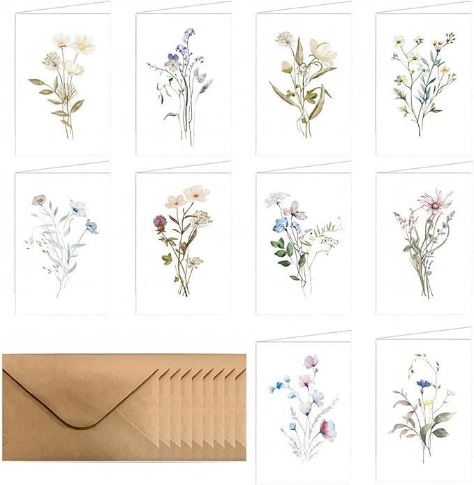 10-Pack Botanical Blank Greeting Cards with Envelopes, 5.9 x 7.9 Inch Nature-Themed Cardstock Set for Personal Correspondence and Notes