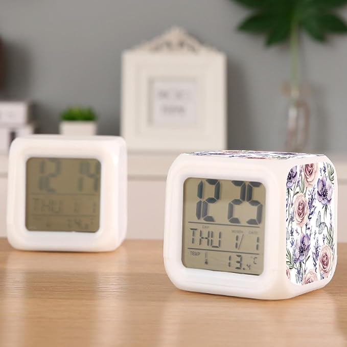 Digital Alarm Clock,Lavender Roses and Butterfly 7 Color Change LED Digital Alarm Clock with Date Thermometer for Toddlers,Girls and Boys