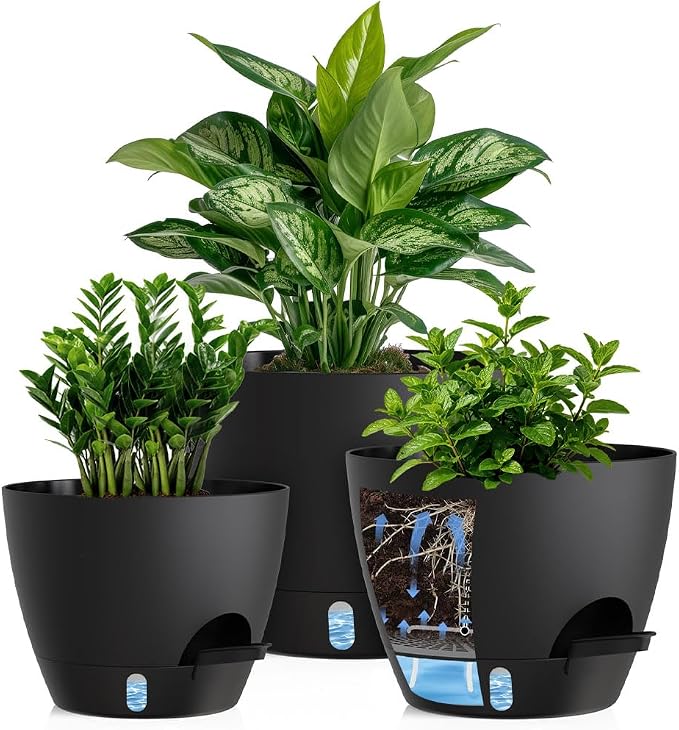 Self Watering Pots with Drainage Holes, 3 Pack 12/10/8 Inch Plant Pots with Water Level Indicator Deep Reservoir, Large Plastic Planter for Indoor Outdoor Plants - Black