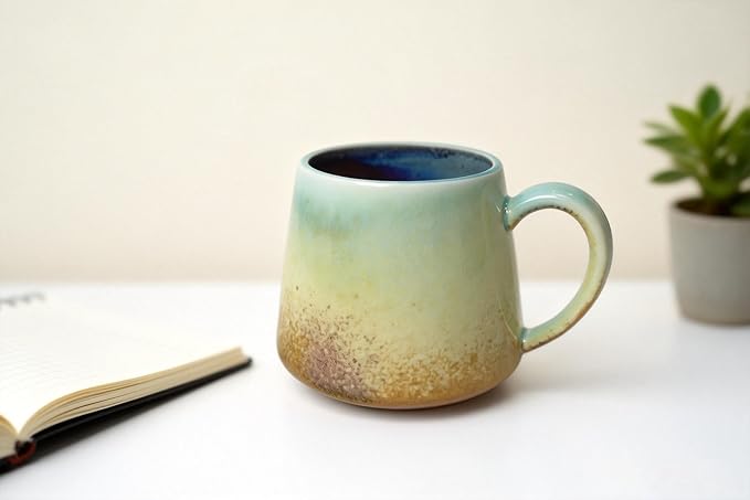 Large Ceramic Coffee Mug 16 oz - Microwave & Dishwasher Safe, Handcrafted Artisan Pottery Cup with Tapered Design for Stability & Heat Retention, Gift for Mom (Reactive Glaze Multicolor)