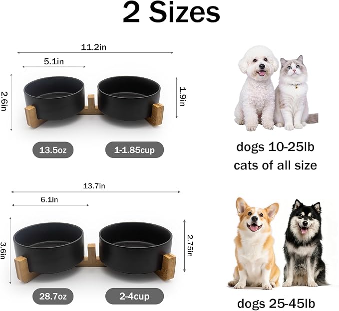 MateeyLife Ceramic Dog and Cat Bowls with Stand, 2-Pack Food and Water Bowl Set - Non-Slip Pet Bowls for Cats,Puppies and Small Dogs, 13.5OZ（Black）