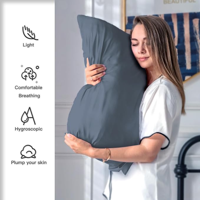 Mulberry Silk Pillowcase for Hair and Skin Pillow Case with Hidden Zipper Soft Breathable Smooth Cooling Silk Pillow Covers for Sleeping (Space Grey, King,1Pcs)