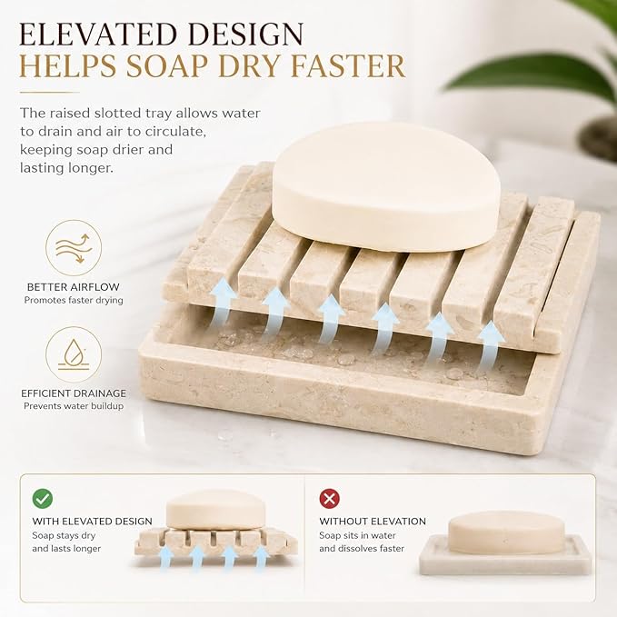 Creative Home 2-Piece Natural Champagne Marble Soap Dish Set with Elevated Slotted Tray, Luxury Bathroom Soap Holder for Vanity, Kitchen Sink & Spa Countertop