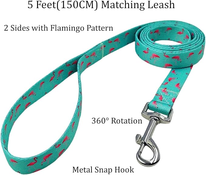Dog Collar Leash Set, Flamingo Pattern, Polyester Material, Adjustable Collar and 5ft Matching Leash, for Puppy Dogs.(XS, Green Flamingo)