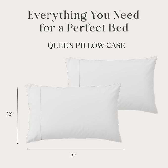 Delilah Home 100% Organic Cotton Queen Pillow Case, GOTS & Vegan.org Verified, Long Stem 300 TC Sateen Bedding, Non-Synthetic, Deep Pocket Fitted Linen, Lightweight, All-Season, 2 Pieces Set - White