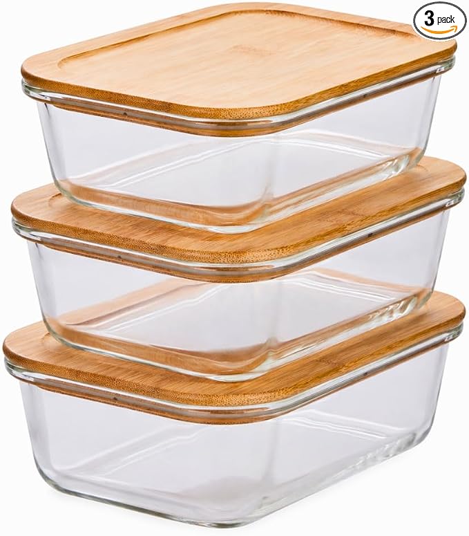 Kitchen Details Glass Food Storage Containers with Bamboo Lids | 3 Pack | 12.5 oz / 370 mL Rectangular Containers | Home | Apartment | Restaurant | Prep | Style