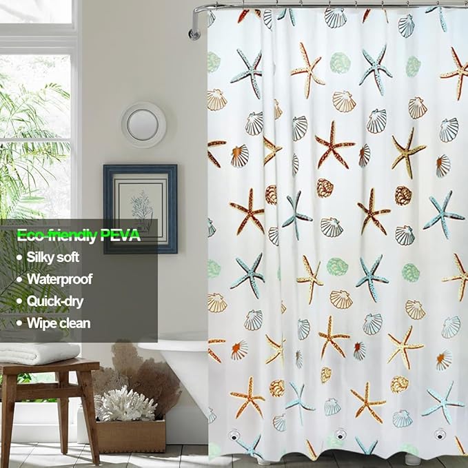 Plastic Shower Liner - Premium PEVA 4G Shower Curtain Liner with Rustproof Grommets and 3 Weighted Magnets, Waterproof Shower Curtains for Bathroom (Starfish)