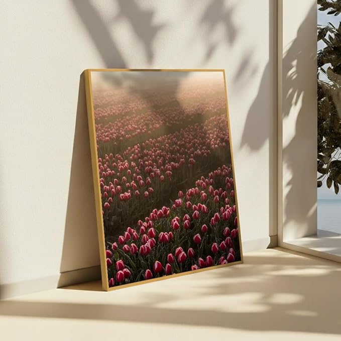 Monem Art Golden Tulip Field Sunset Photography Print - Romantic Spring Landscape Art Poster - Wall Decor for Living Room, Bedroom or Office - 12x16 Gold Framed CANVAS Wall Art by Mareike Bohmer