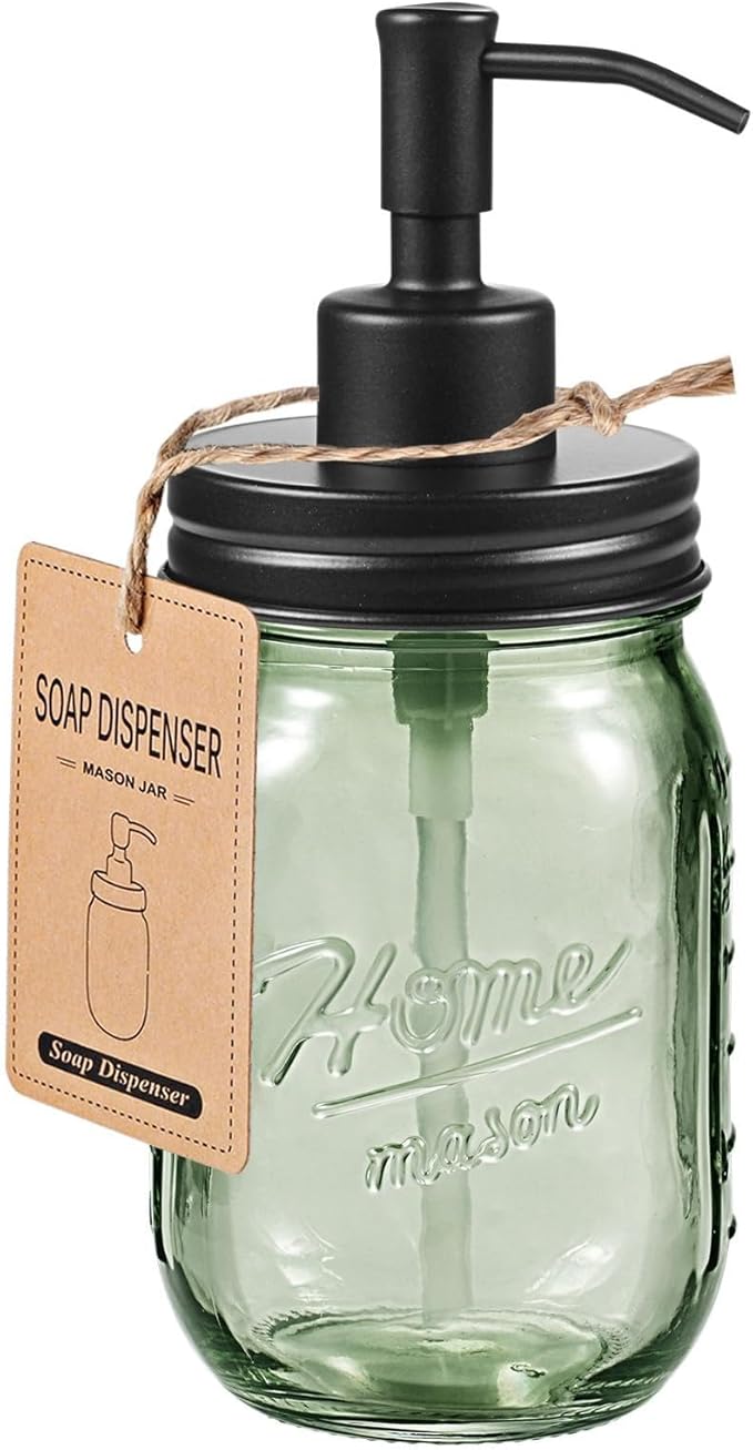 SheeChung Mason Jar Green Glass Soap Dispenser, Stainless Steel Pump, Refillable Dish soap Dispenser for Kitchen, 16Oz Bathroom Hand Soap Dispenser for Lotion, Liquid, Farmhouse Decor-Black, 1 Pack