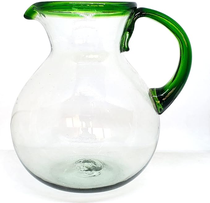 Emerald Green Rim 120 oz Pitcher and 6 Drinking Glasses set, Recycled Glass, Lead-free, Toxin-Free (Pitcher & Glasses)