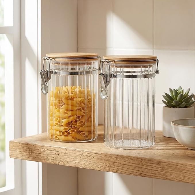 Glass Storage Jars with Bamboo Lids, Set of 2 – 34oz Airtight Borosilicate Canisters for Pantry Organization, Coffee, Flour, Sugar & Pasta – BPA-Free, Ribbed Design