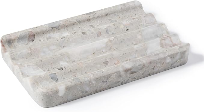Karibiber Soap Holder for Bathroom, Grey Marble Soap Dish for Kitchen Countertop, Soap Tray with Creative Wavy Design, Soap Saver for Bath Tub, Sponges, Italian Natural Stone