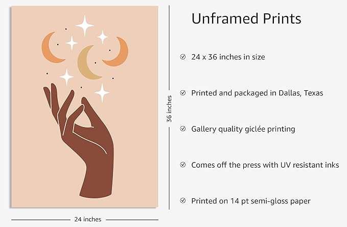 Y2K BOO Mystical Hand UNFRAMED Wall Art Celestial Moon and Stars Print Earth Tones Terracotta Mid Century Modern 24x36 Inch Heavyweight Paper Studio Decor