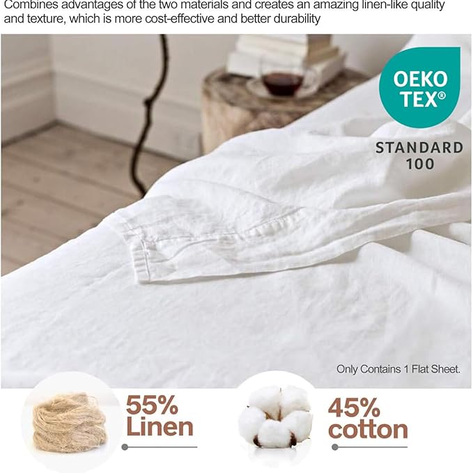 BISELINA Linen Sheet French Flax Flat Sheet Only 55% Euro Linen 45% Cotton Basic Style Solid Color Soft Breathable Farmhouse Top Sheet 1-Piece (Full, White)