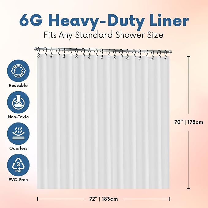 No Smell Shower Curtain Liner 72x72 White - PEVA Plastic Shower Curtain for Bathroom, PVC-Free Waterproof Shower Liner with Metal Grommets and Magnet-Weighted Bottom Hem - Washable Inner Liner