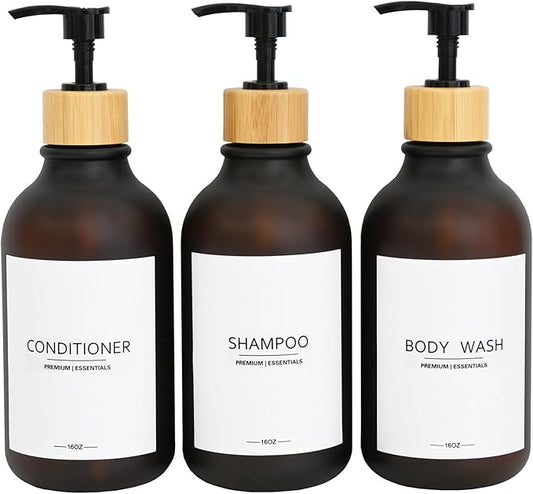 Frosted Plastic Shampoo and Conditioner Bottles, Apothecary Dispenser Bamboo Pump, Refillable Bottles for Shower Lotion, Oil, Hand Soap, Sanitizer, Liquid Soap, Set of 3 with 9 Labels (3, Matte Amber)