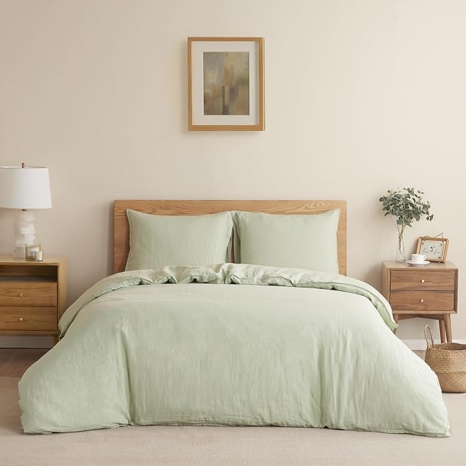 DAPU 100% Linen Duvet Cover Set - Pure Natural French Flax Linen with Corner Ties and Zipper Closure Soft Breathable Durable for Hot Sleepers 1 Duvet Cover 2 Pillowcases (Sage Green, Queen/Full)