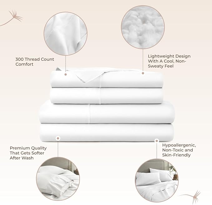100% Organic Cotton Sheets Twin XL - GOTS Certified Organic Bed Sheets with Deep Pocket 300 Thread Count & Cozy Sateen Weave Gets Softer with Each Wash - Luxury 3 Piece Set (White, Twin XL)